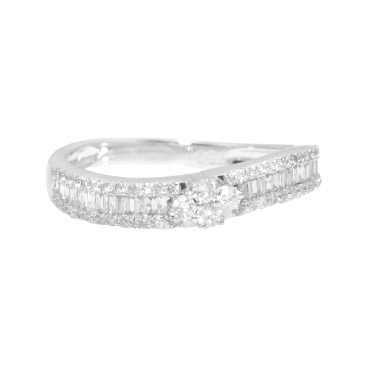 18K White Gold Mixed Cut Diamond Band, Round and Baguette Cluster Ring