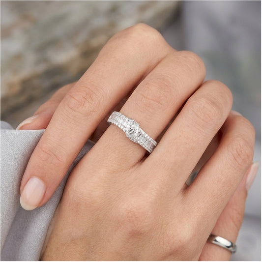 18K White Gold Bypass Ring, 1/2 CTW Baguette Diamond Band, Mixed Cut Cluster Wedding Ring