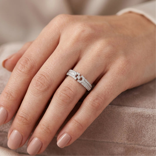 18K White Gold Geometric Diamond Ring, Baguette Round Cut Band, Modern Negative Space Wedding