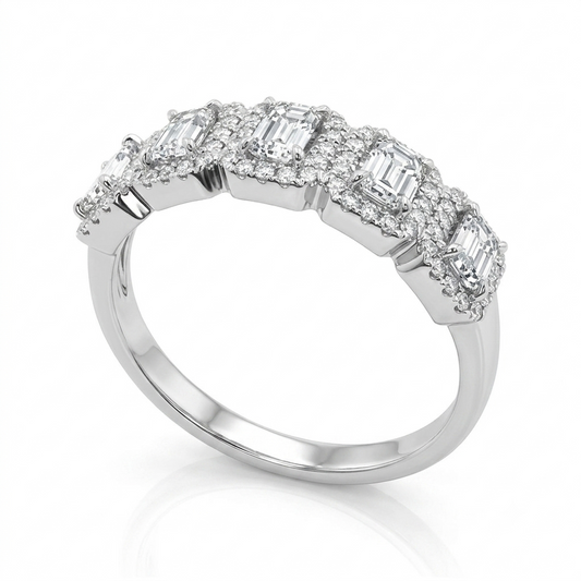 14K White Gold Emerald Cut Diamond Ring, 1CTW Round Halo Five Stone Wedding Band, Anniversary Jewelry Gift For Women