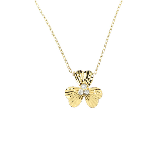 14K Yellow Gold Fluted Flower Pendant Necklace with Diamond Trio – Adjustable 18 Inch Chain