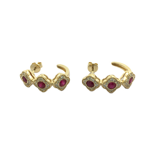 14K Yellow Gold Ruby & Diamond Earrings Natural Red Gemstone Flower Hoops Quatrefoil July Birthstone Jewelry Vintage Style Luxury Gift