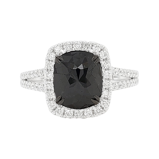Cushion Black Diamond Ring | 14K Gold Single Halo Engagement Ring