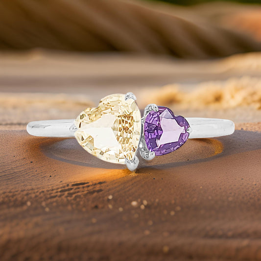 14K Gold Twin Heart Sapphire Ring – Purple & Yellow Gemstones, Promise Ring for Women