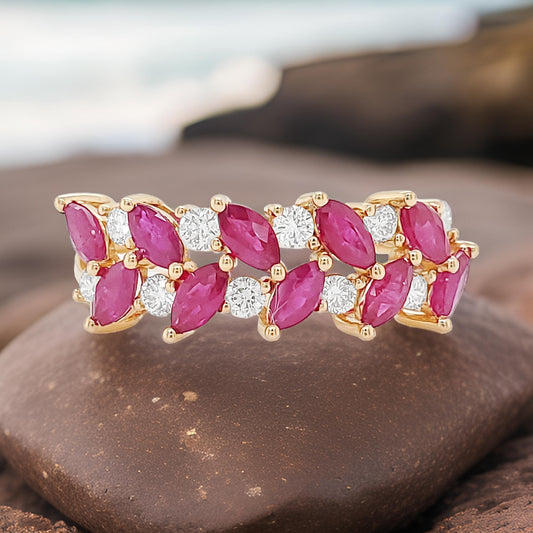 14K Gold Marquise Cut Ruby and Diamond Band