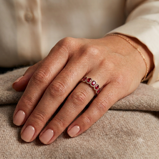 14K Yellow Gold Ruby Ring, Vintage Diamond Band, Oval Red Gemstone Anniversary Jewelry, Unique July Birthstone Gift For Women