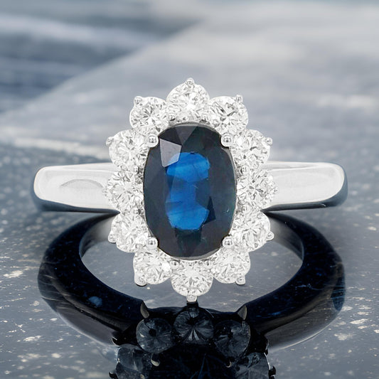 Oval Blue Sapphire & Diamond Ring: 18K White Gold, SI/GH Diamonds