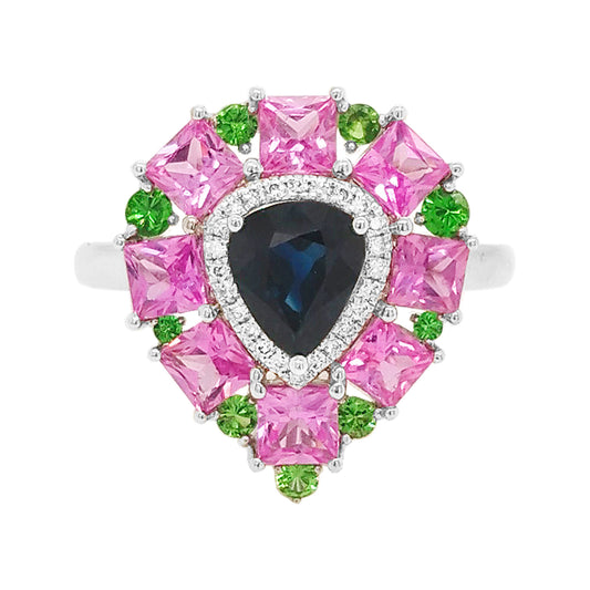 18K White Gold Multi-Gemstone Pear Ring: Blue & Pink Sapphire, Diamond, Tsavorite