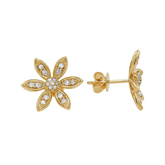 14K Gold Light Brown Diamond Flower Stud Earrings, Dainty Floral Jewelry
