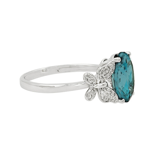 Oval Blue Topaz Butterfly Ring 14K White Gold Light Brown Diamond Pave Split Shank Nature Inspired Fine Jewelry Gift