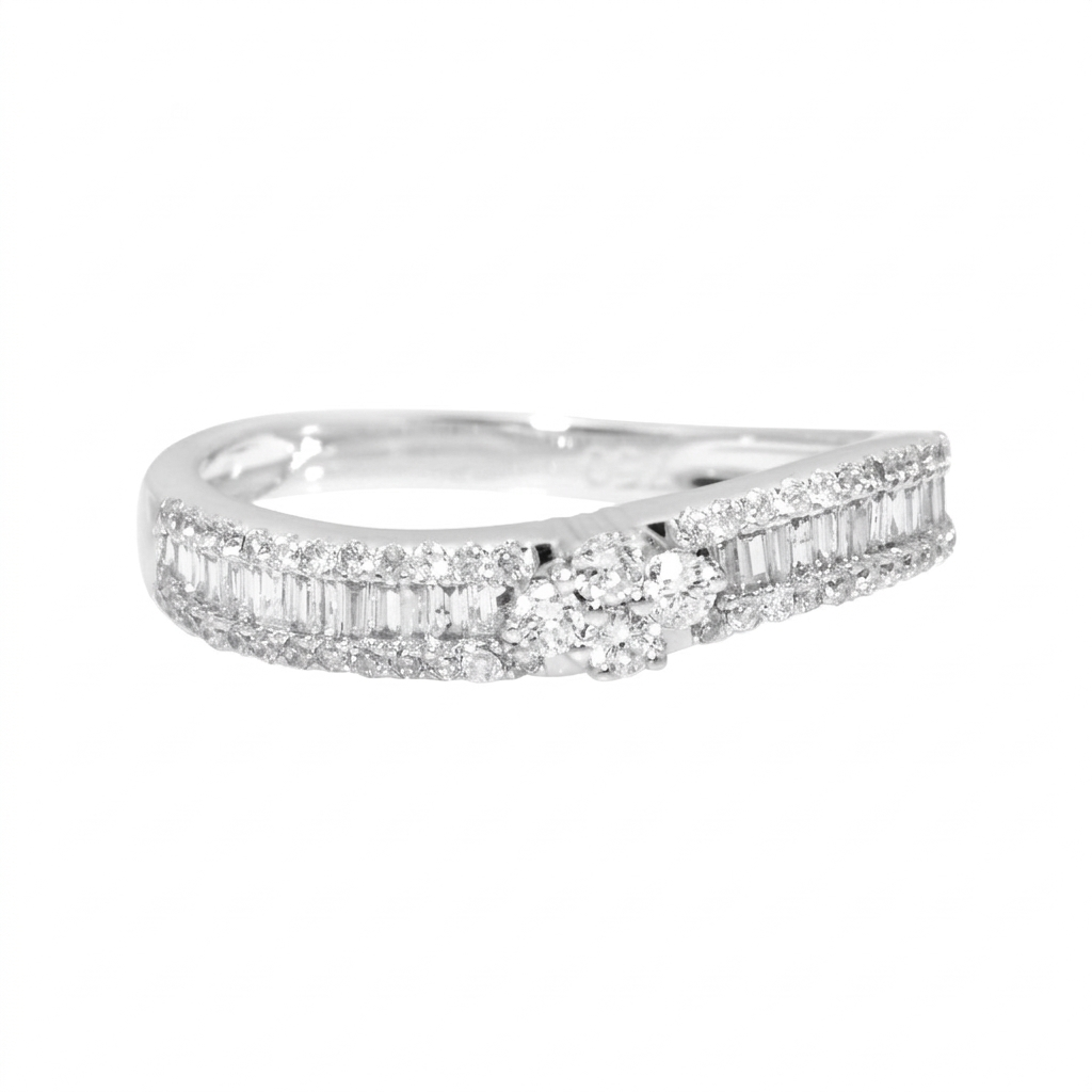 18K White Gold Mixed Cut Diamond Band, Round and Baguette Cluster Ring
