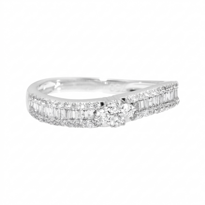 18K White Gold Mixed Cut Diamond Band, Round and Baguette Cluster Ring