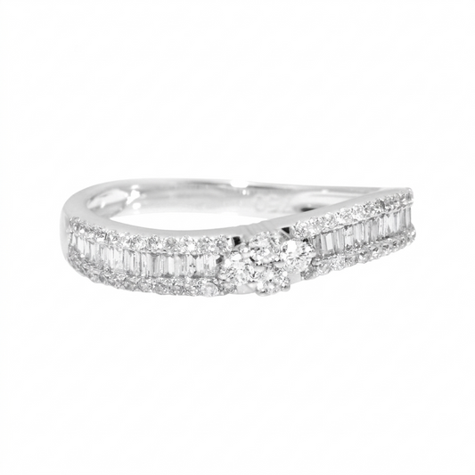 18K White Gold Mixed Cut Diamond Band, Round and Baguette Cluster Ring
