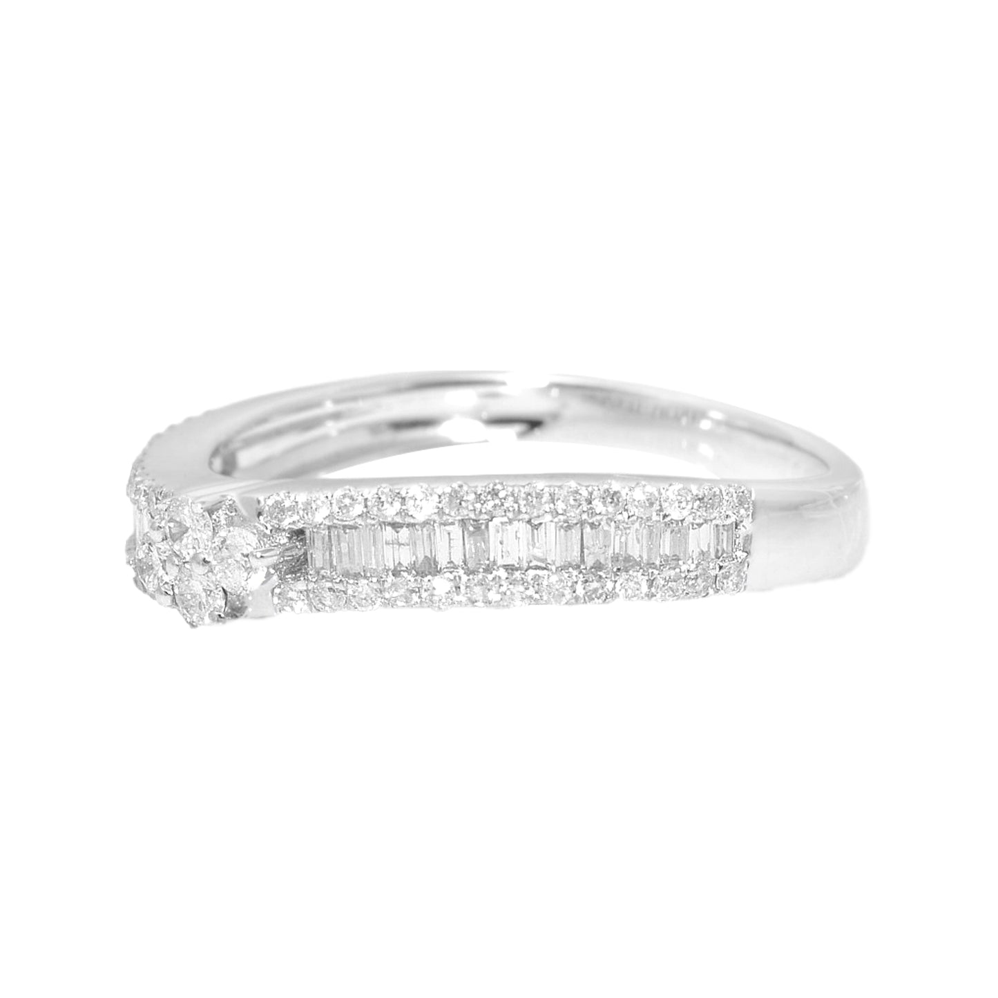 18K White Gold Mixed Cut Diamond Band, Round and Baguette Cluster Ring