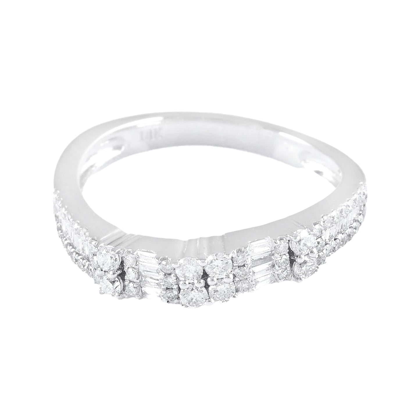 18K White Gold Mixed Cut Diamond Band, Baguette Round Cluster Wedding Ring