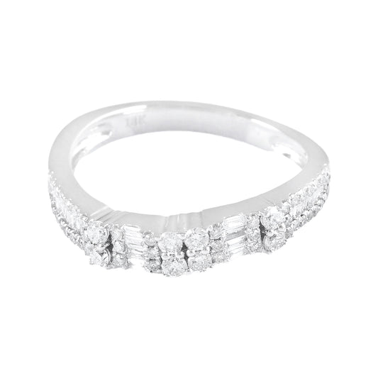 18K White Gold Mixed Cut Diamond Band, Baguette Round Cluster Wedding Ring