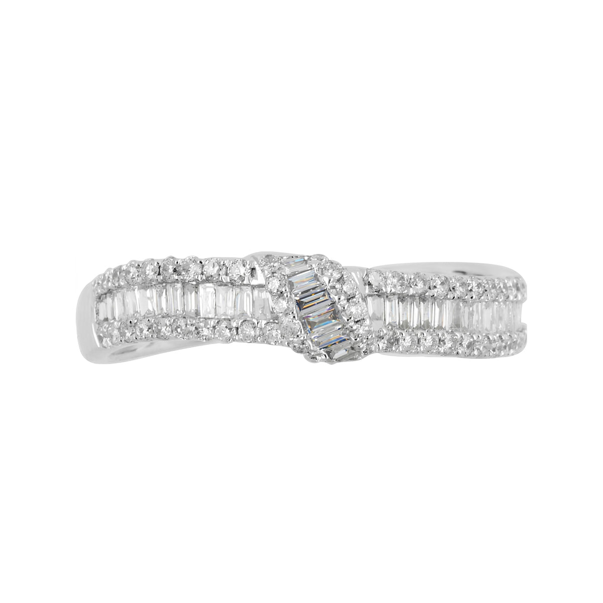 18K White Gold Bypass Ring, 1/2 CTW Baguette Diamond Band, Mixed Cut Cluster Wedding Ring