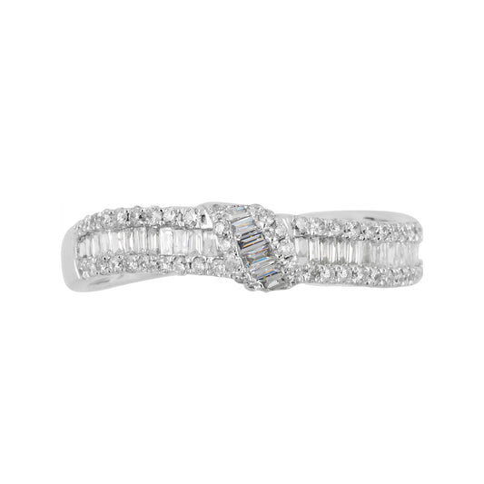 18K White Gold Bypass Ring, 1/2 CTW Baguette Diamond Band, Mixed Cut Cluster Wedding Ring
