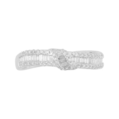 18K White Gold Bypass Ring, 1/2 CTW Baguette Diamond Band, Mixed Cut Cluster Wedding Ring