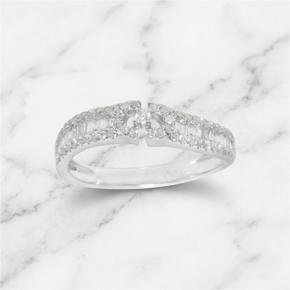 18K White Gold Geometric Diamond Ring, Baguette Round Cut Band, Modern Negative Space Wedding