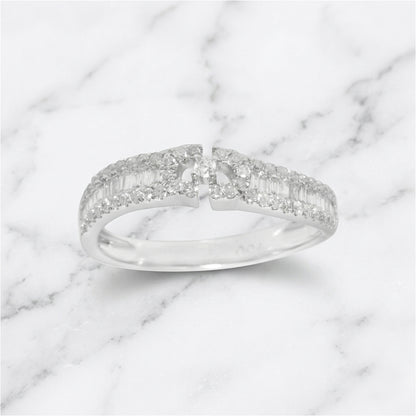 18K White Gold Geometric Diamond Ring, Baguette Round Cut Band, Modern Negative Space Wedding
