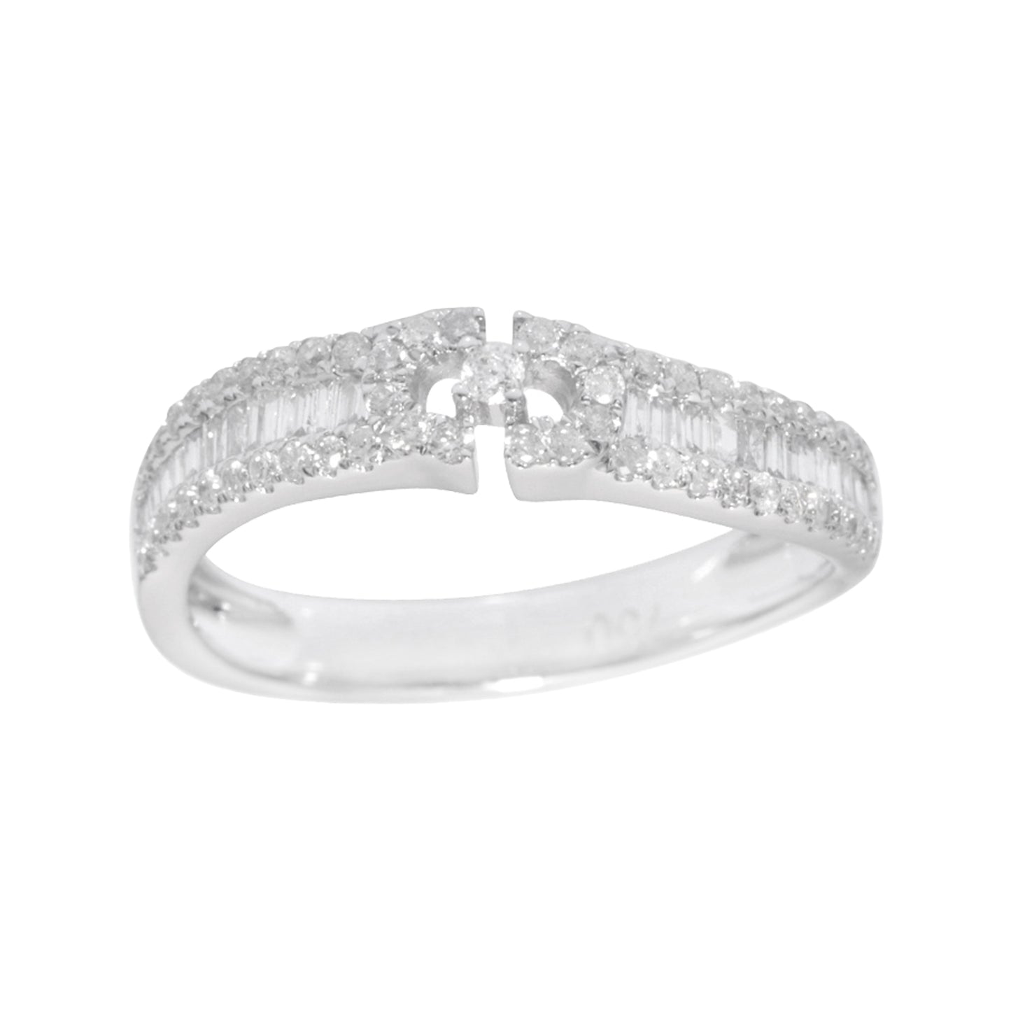 18K White Gold Geometric Diamond Ring, Baguette Round Cut Band, Modern Negative Space Wedding