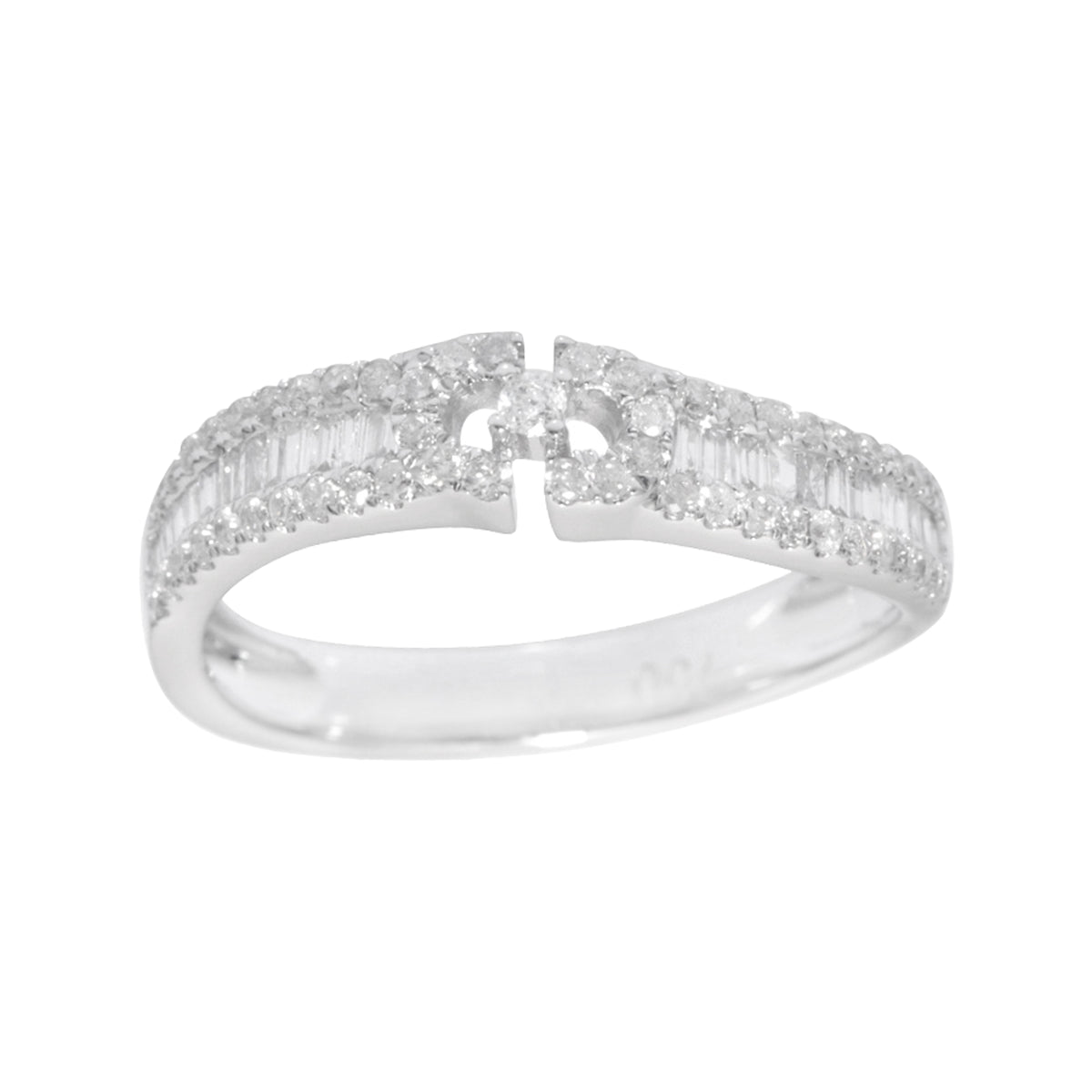 18K White Gold Geometric Diamond Ring, Baguette Round Cut Band, Modern Negative Space Wedding