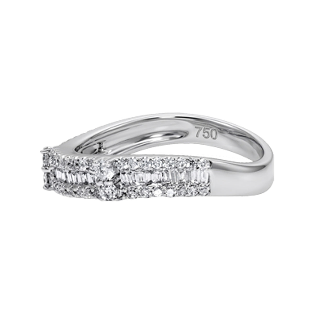 18K White Gold Curved Diamond Wedding Band, Baguette and Round Cut 1/2 CTW