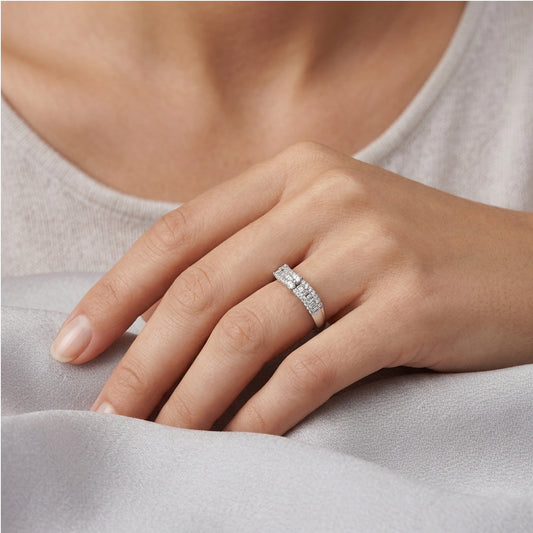 18K White Gold Curved Diamond Wedding Band, Baguette and Round Cut 1/2 CTW