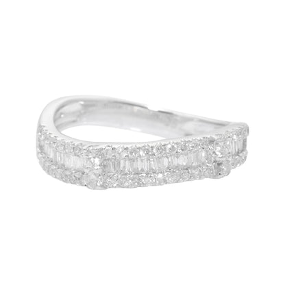 18K White Gold Curved Diamond Wedding Band, Baguette and Round Cut 1/2 CTW