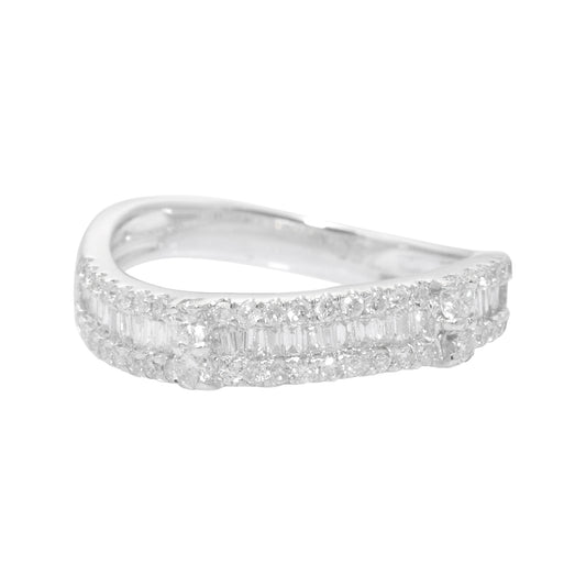 18K White Gold Curved Diamond Wedding Band, Baguette and Round Cut 1/2 CTW