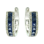 14K White Gold Princess Cut Blue Sapphire Huggie Hoop Earrings With Natural Round Cut Diamond Channel Set September Birthstone Jewelry