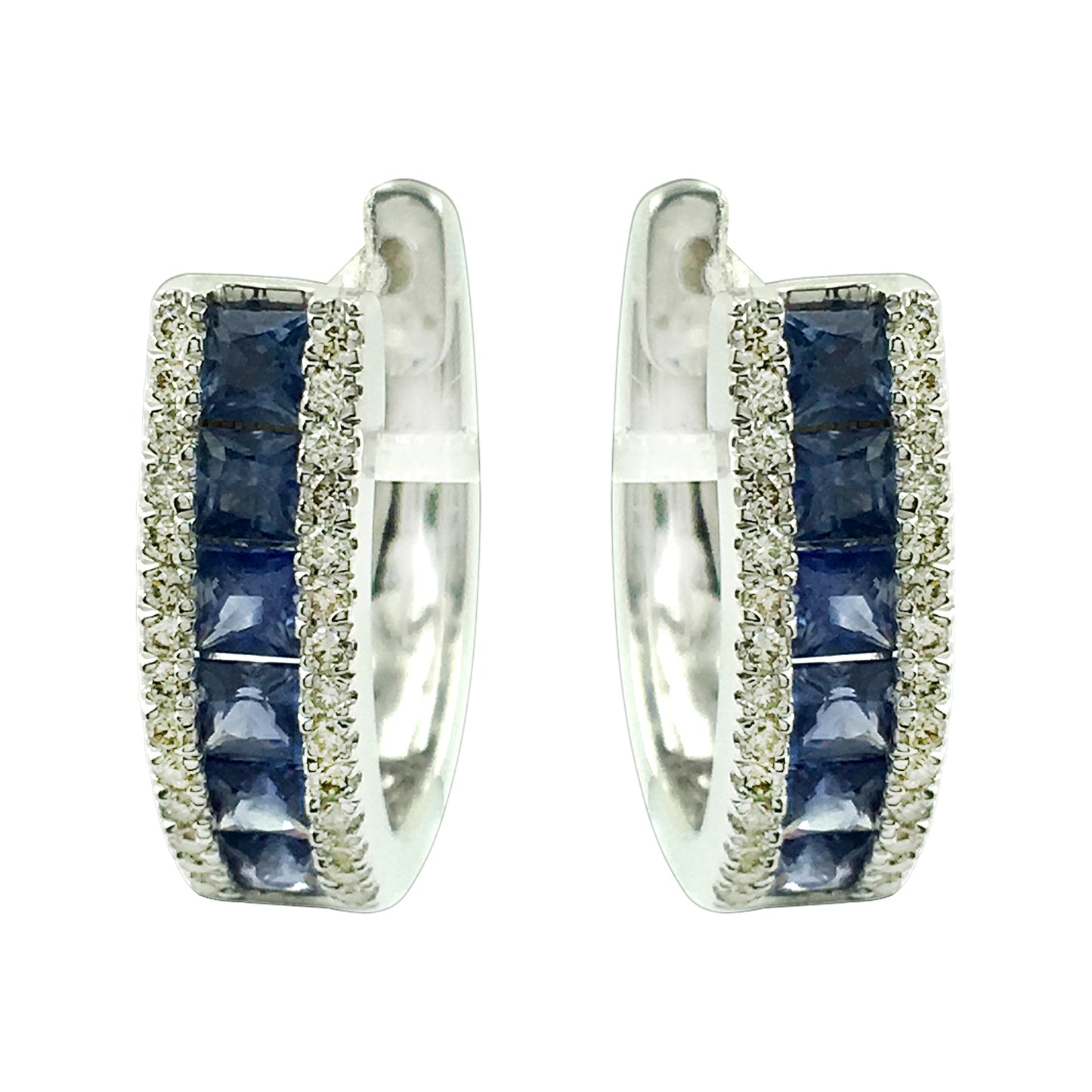 14K White Gold Princess Cut Blue Sapphire Huggie Hoop Earrings With Natural Round Cut Diamond Channel Set September Birthstone Jewelry