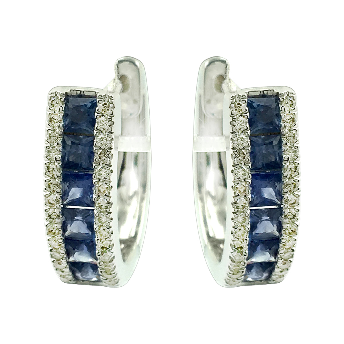 14K White Gold Princess Cut Blue Sapphire Huggie Hoop Earrings With Natural Round Cut Diamond Channel Set September Birthstone Jewelry