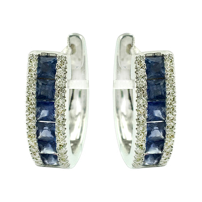 14K White Gold Princess Cut Blue Sapphire Huggie Hoop Earrings With Natural Round Cut Diamond Channel Set September Birthstone Jewelry