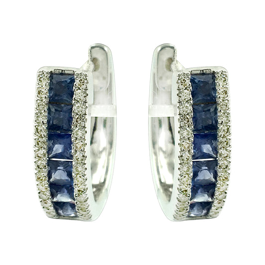 14K White Gold Princess Cut Blue Sapphire Huggie Hoop Earrings With Natural Round Cut Diamond Channel Set September Birthstone Jewelry