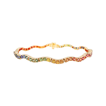 14K Gold Rainbow Sapphire Wave Bracelet, Ombre Bangle