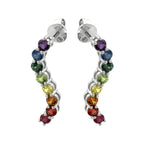 14K White Gold Rainbow Sapphire Earrings Multi Color Natural Gemstone Wave Studs S-Curve Ombre Crawler Luxury Birthday Gift Colorful Jewelry