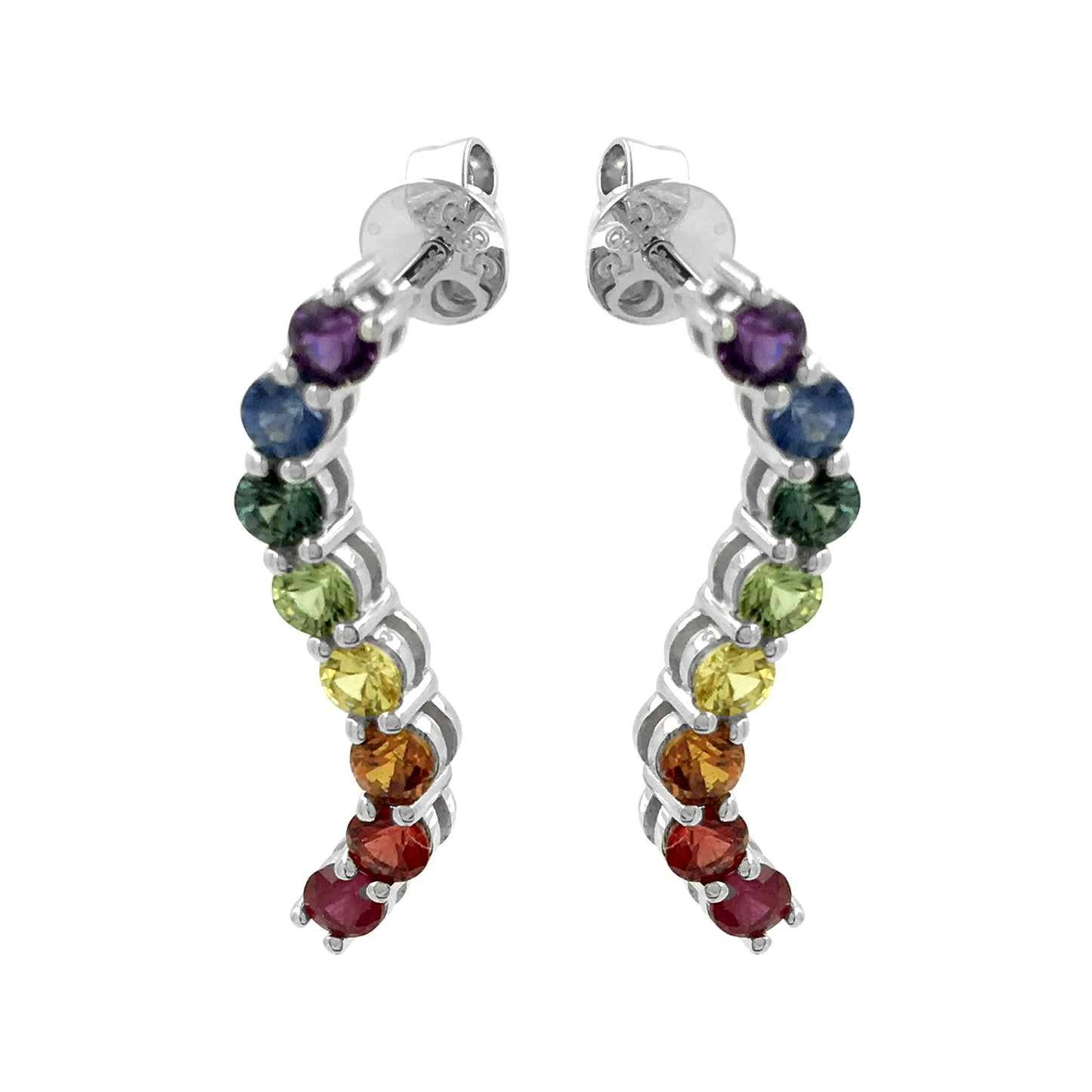 14K White Gold Rainbow Sapphire Earrings Multi Color Natural Gemstone Wave Studs S-Curve Ombre Crawler Luxury Birthday Gift Colorful Jewelry