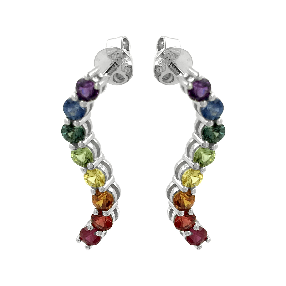 14K White Gold Rainbow Sapphire Earrings Multi Color Natural Gemstone Wave Studs S-Curve Ombre Crawler Luxury Birthday Gift Colorful Jewelry