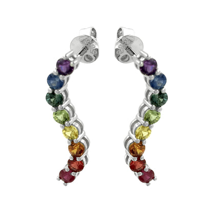 14K White Gold Rainbow Sapphire Earrings Multi Color Natural Gemstone Wave Studs S-Curve Ombre Crawler Luxury Birthday Gift Colorful Jewelry