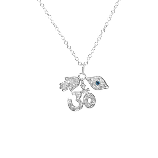 14K White Gold Om Hamsa Evil Eye Pendant Necklace 3/10 CTW Natural Diamond Religious Protection Jewelry Spiritual Charm Gift for Her