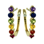 14K Yellow Gold Rainbow Sapphire J-Hoop Earrings 1 Carat Multi Color Round Gemstone Studs Natural Colorful Jewelry