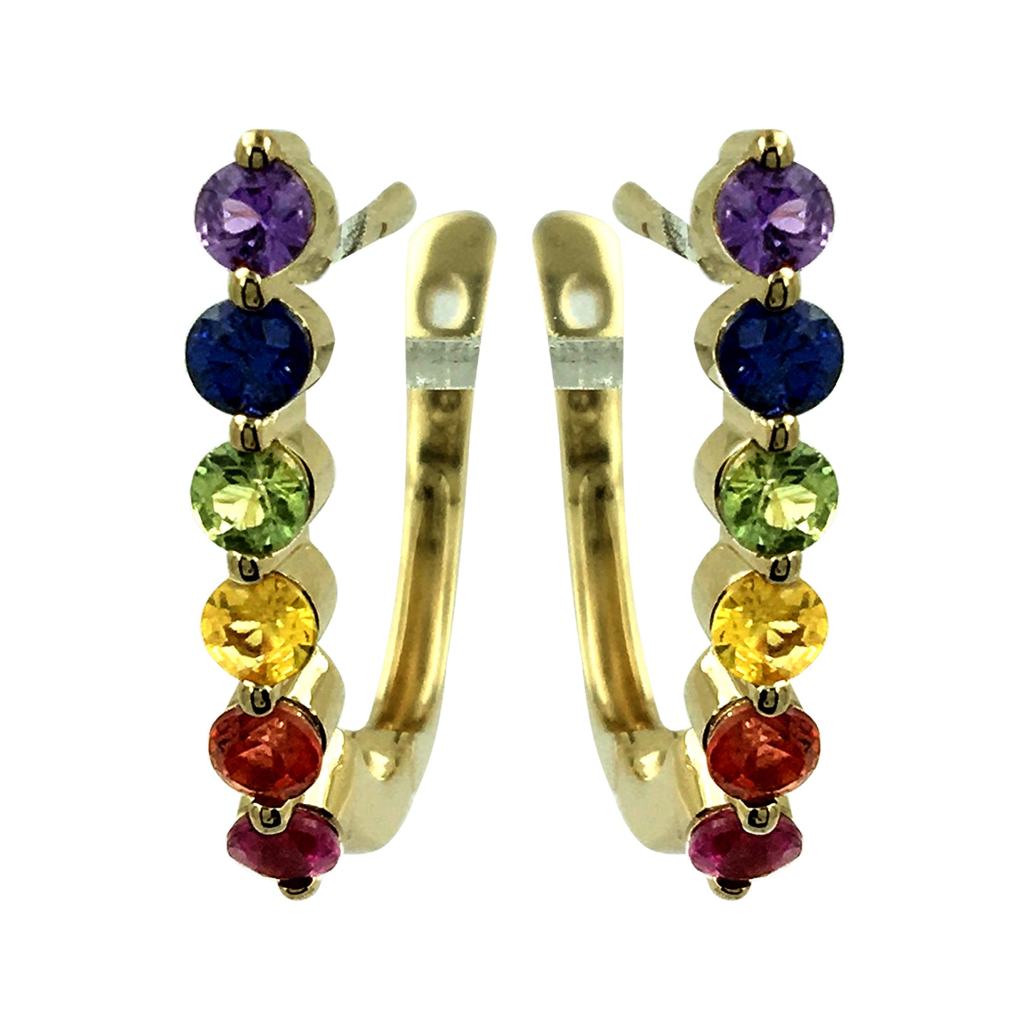 14K Yellow Gold Rainbow Sapphire J-Hoop Earrings 1 Carat Multi Color Round Gemstone Studs Natural Colorful Jewelry