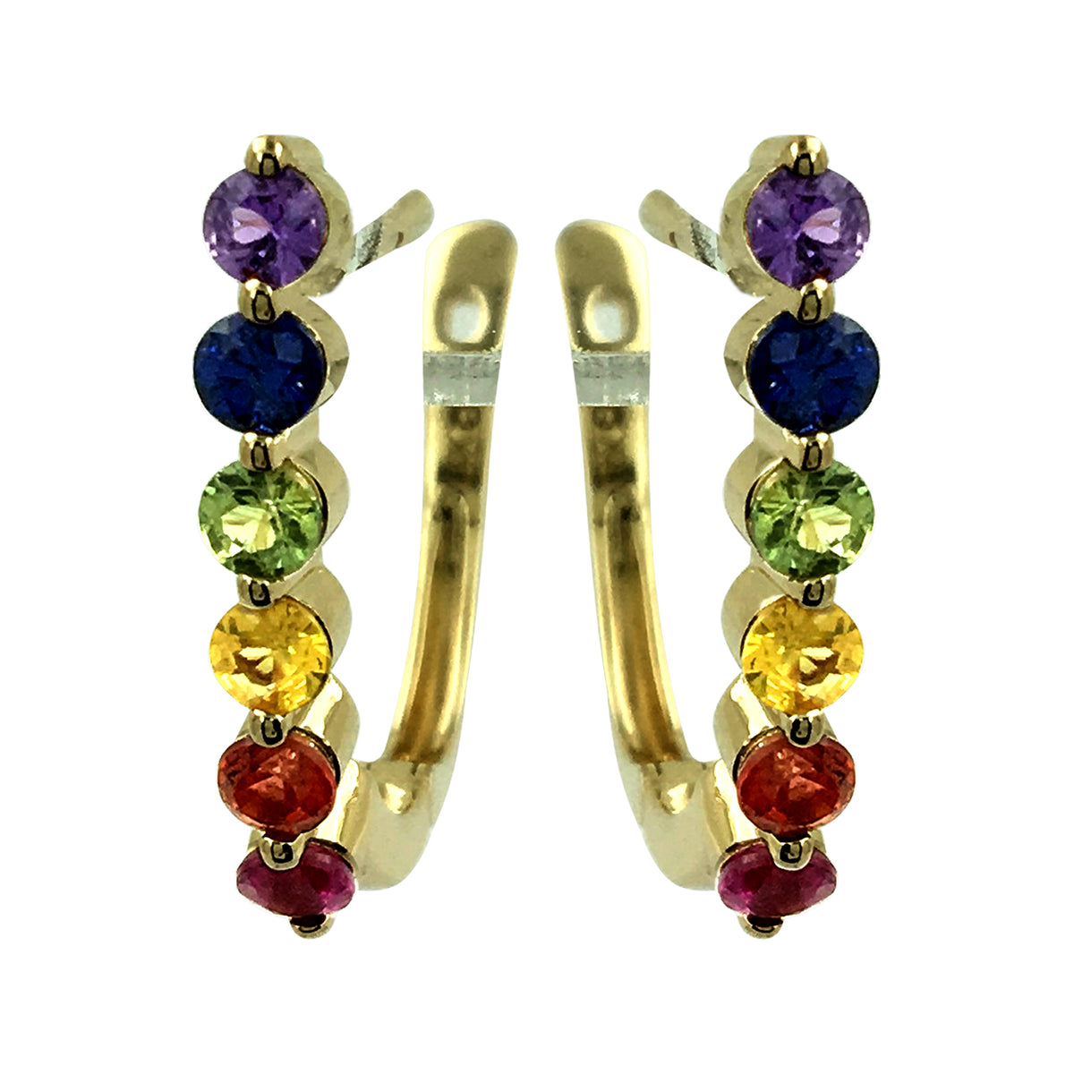 14K Yellow Gold Rainbow Sapphire J-Hoop Earrings 1 Carat Multi Color Round Gemstone Studs Natural Colorful Jewelry