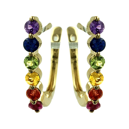 14K Yellow Gold Rainbow Sapphire J-Hoop Earrings 1 Carat Multi Color Round Gemstone Studs Natural Colorful Jewelry