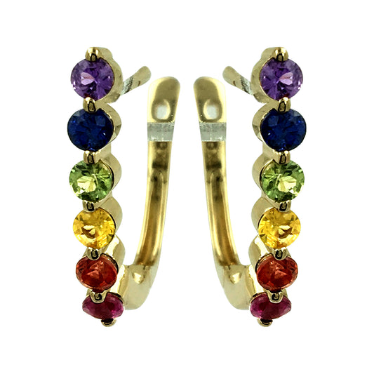 14K Yellow Gold Rainbow Sapphire J-Hoop Earrings 1 Carat Multi Color Round Gemstone Studs Natural Colorful Jewelry