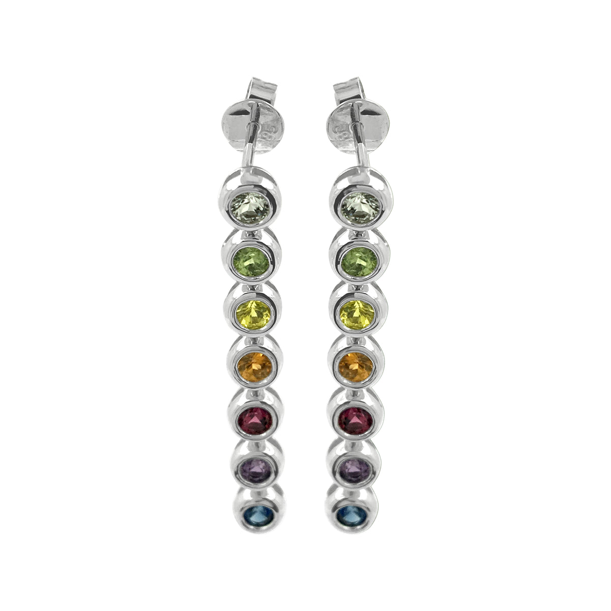 14K White Gold Multicolor Sapphire Dangle Earrings, 1.2 CTW Bezel Set Gemstone Drop Earrings