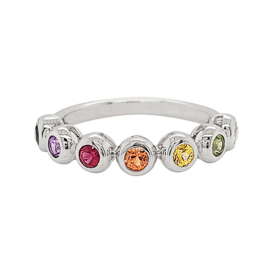 14K White Gold Rainbow Sapphire Ring, Bezel Set Gemstone Band