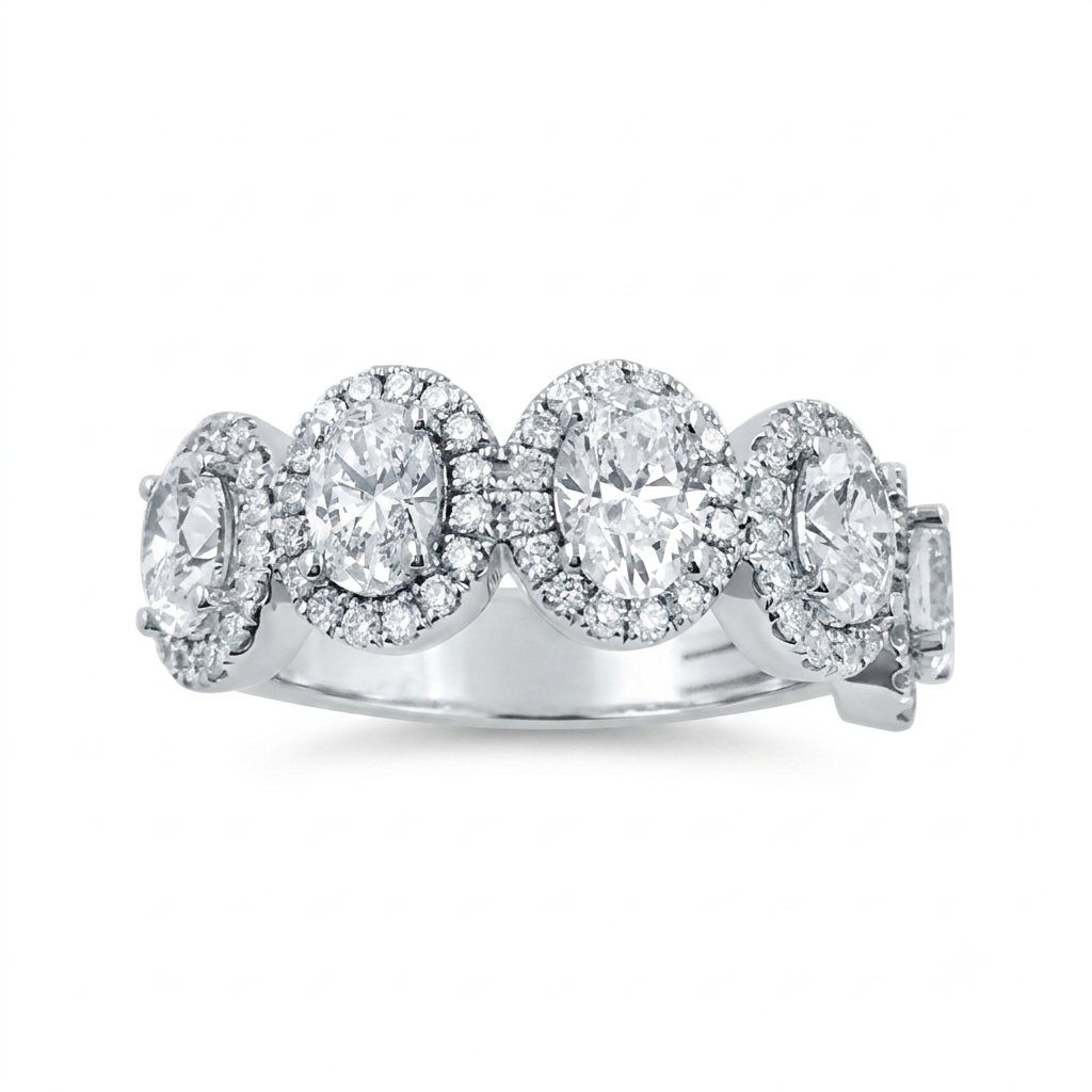 14K White Gold Oval Diamond Ring, 2CTW Round Halo Wedding Band, Multi Stone Anniversary Gift For Women, Statement Promise Jewelry